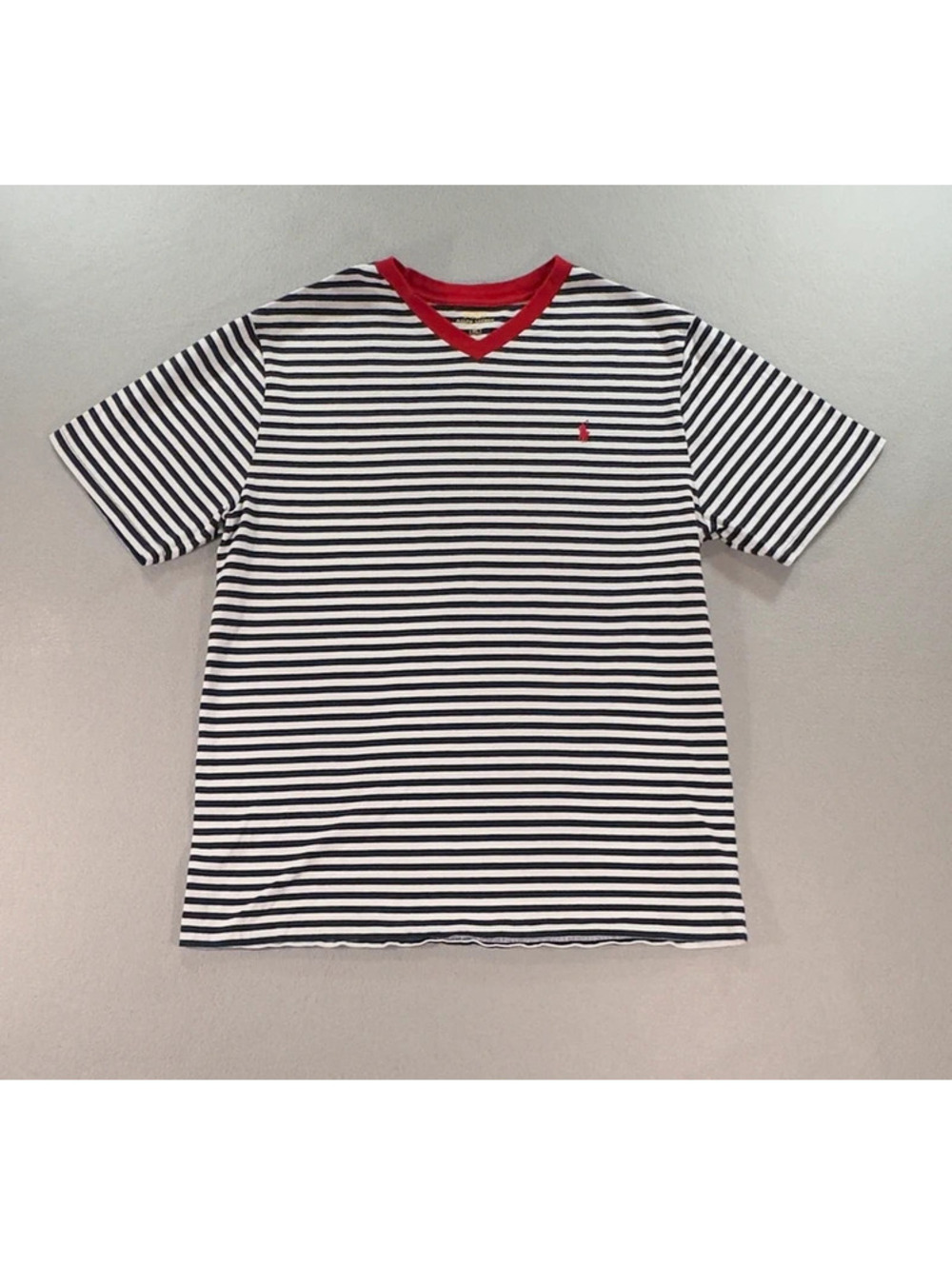 Polo Ralph Lauren Striped V-Neck T-Shirt – Navy/White with Red Trim G00112